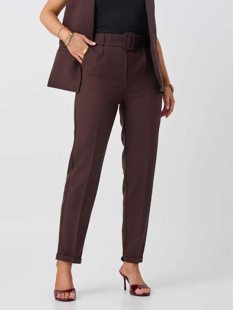 Cacao Suit Set by Lauven featuring sleeveless chocolate vest and high-waist trousers for stylish modern women.