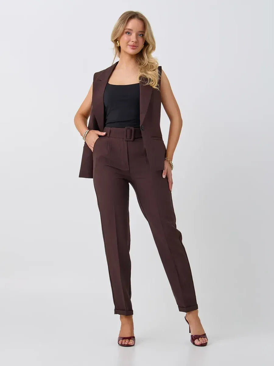 Cacao Suit Set by Lauven featuring a sleeveless chocolate vest and tailored high-waist pants for a chic look.