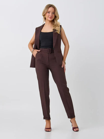 Cacao Suit Set by Lauven featuring a sleeveless chocolate vest and tailored high-waist pants for a chic look.