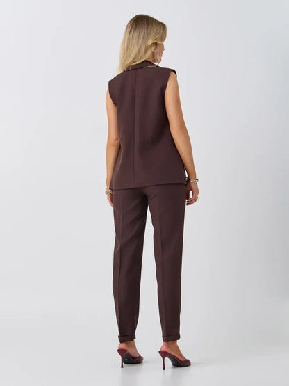 Cacao Suit Set by Lauven, showcasing a sleeveless vest and high-waist pants, stylishly designed for modern women.