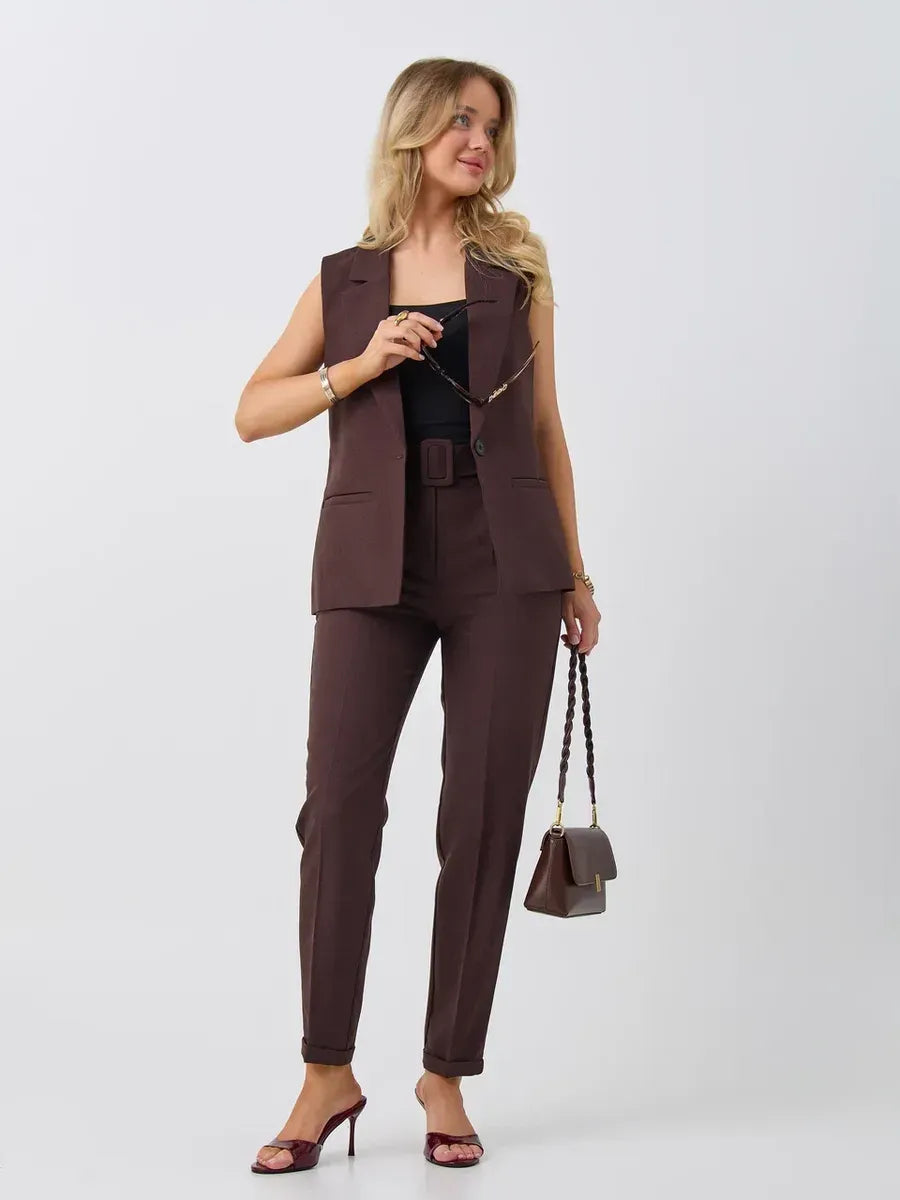 Cacao Suit Set by Lauven featuring a sleeveless chocolate vest and high-waist pants in a polished look.