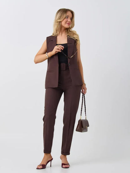 Cacao Suit Set by Lauven featuring a sleeveless chocolate vest and high-waist pants in a polished look.