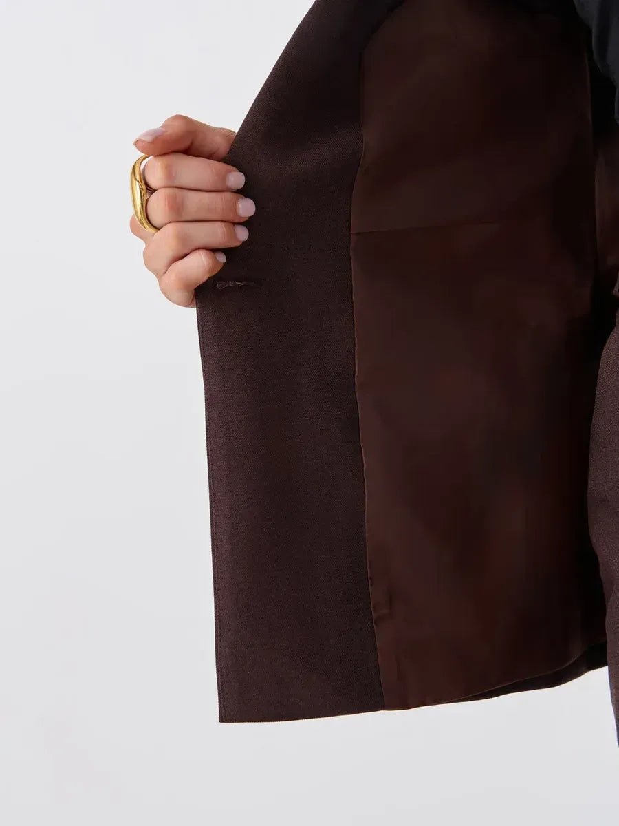 Cacao Suit Set by Lauven - Detail of the chocolate vest's interior fabric.