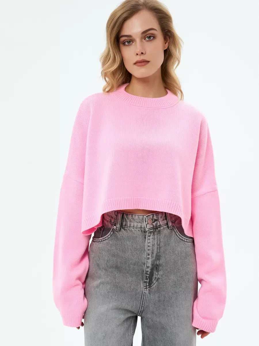 Candy Sweater by Lauven, cropped oversized knit in soft pink, perfect for a playful yet cozy look.