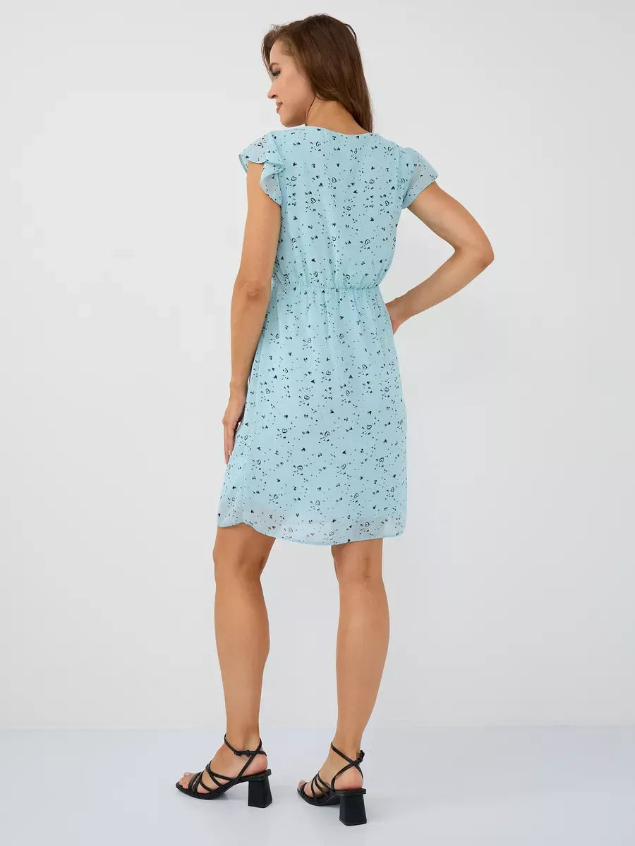 Celeste Mini Dress by Lauven, showcasing elegant light blue ruffle design, perfect for special occasions and warm autumn days.