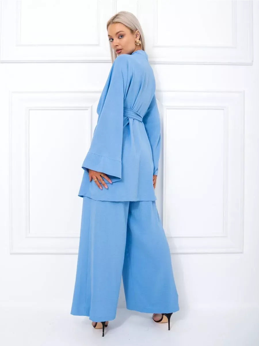 Celeste Suit Set by Lauven featuring an elegant oversized blue kimono-style robe and wide-leg palazzo pants.