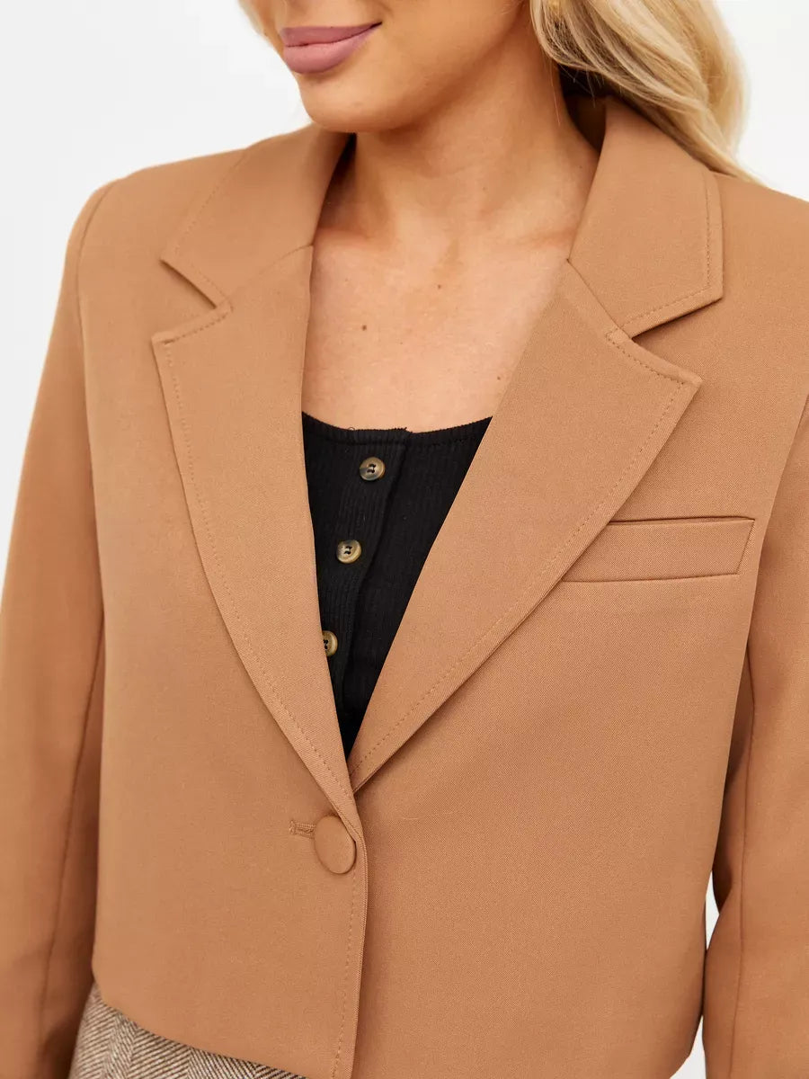 Camel Blazer by Lauven featuring classic cropped tailored design in rich camel color.