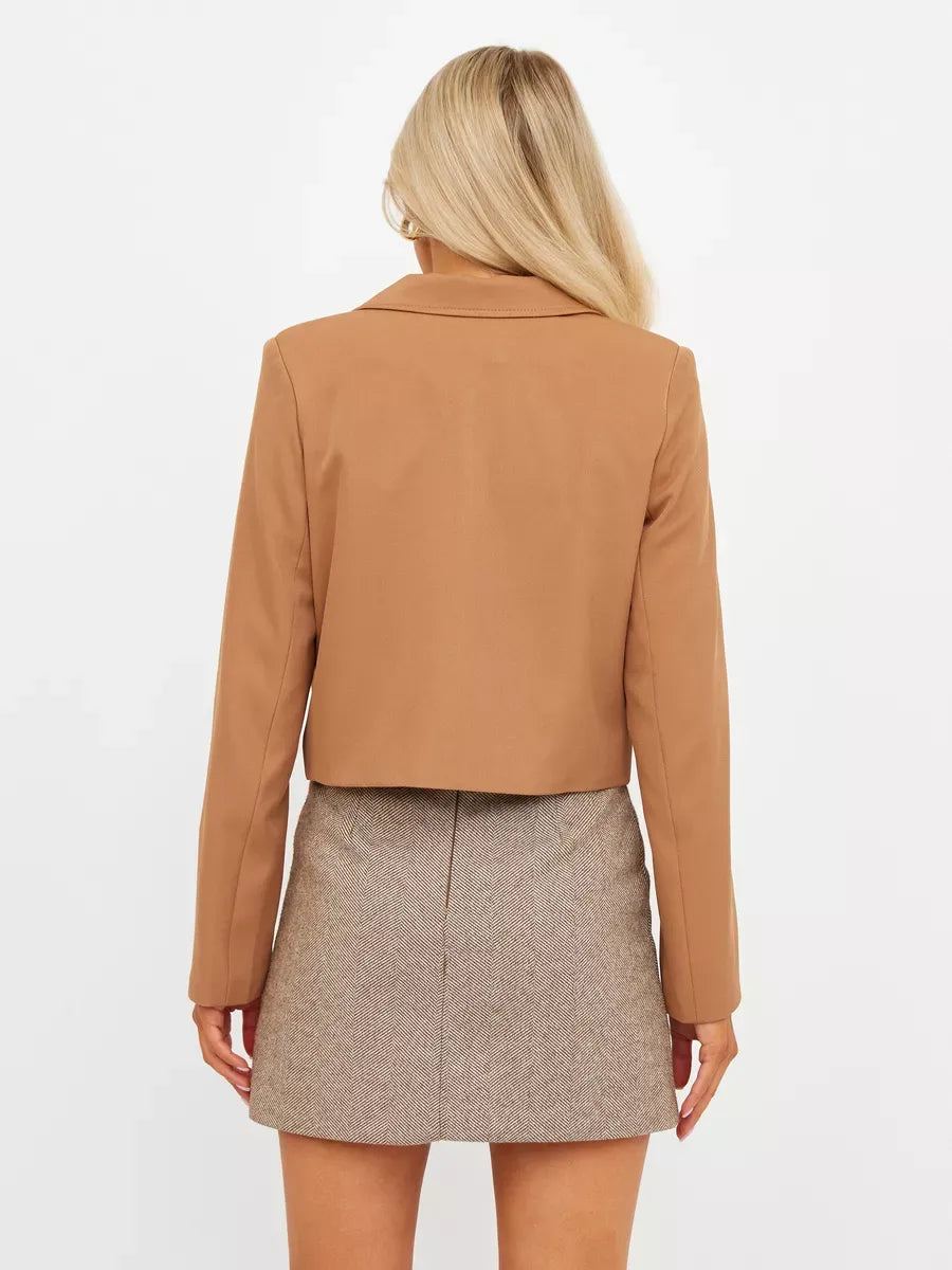 Camel Blazer by Lauven showcasing a classic cropped tailored design in warm camel color.