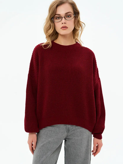 Crimson Charm Sweater by Lauven - Oversized knit in deep burgundy for cozy and stylish autumn wear.