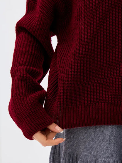 Crimson Pullover by Lauven — Cozy oversized burgundy knit sweater with high neck and relaxed fit.