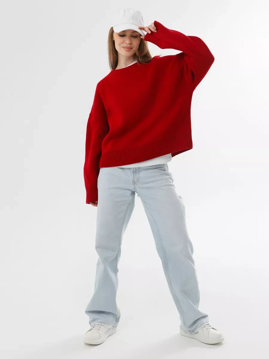 Ember Pullover by Lauven, oversized cropped red women's sweater, perfect for casual and workwear style.