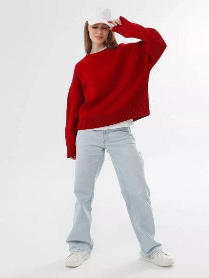 Ember Pullover by Lauven, oversized cropped red women's sweater, perfect for casual and workwear style.