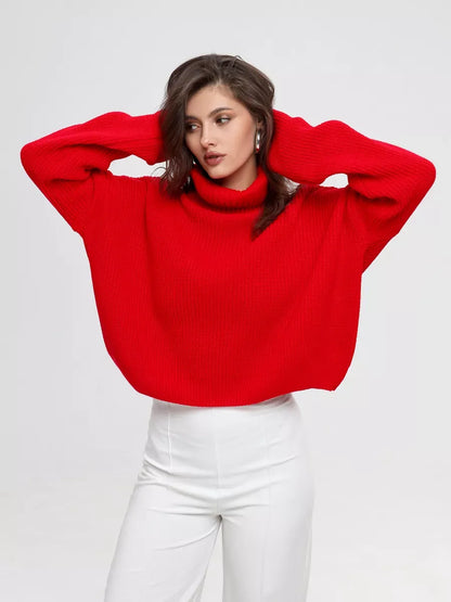 Ember Pullover by Lauven, oversized knit sweater in vibrant red with high neck for modern style and comfort.