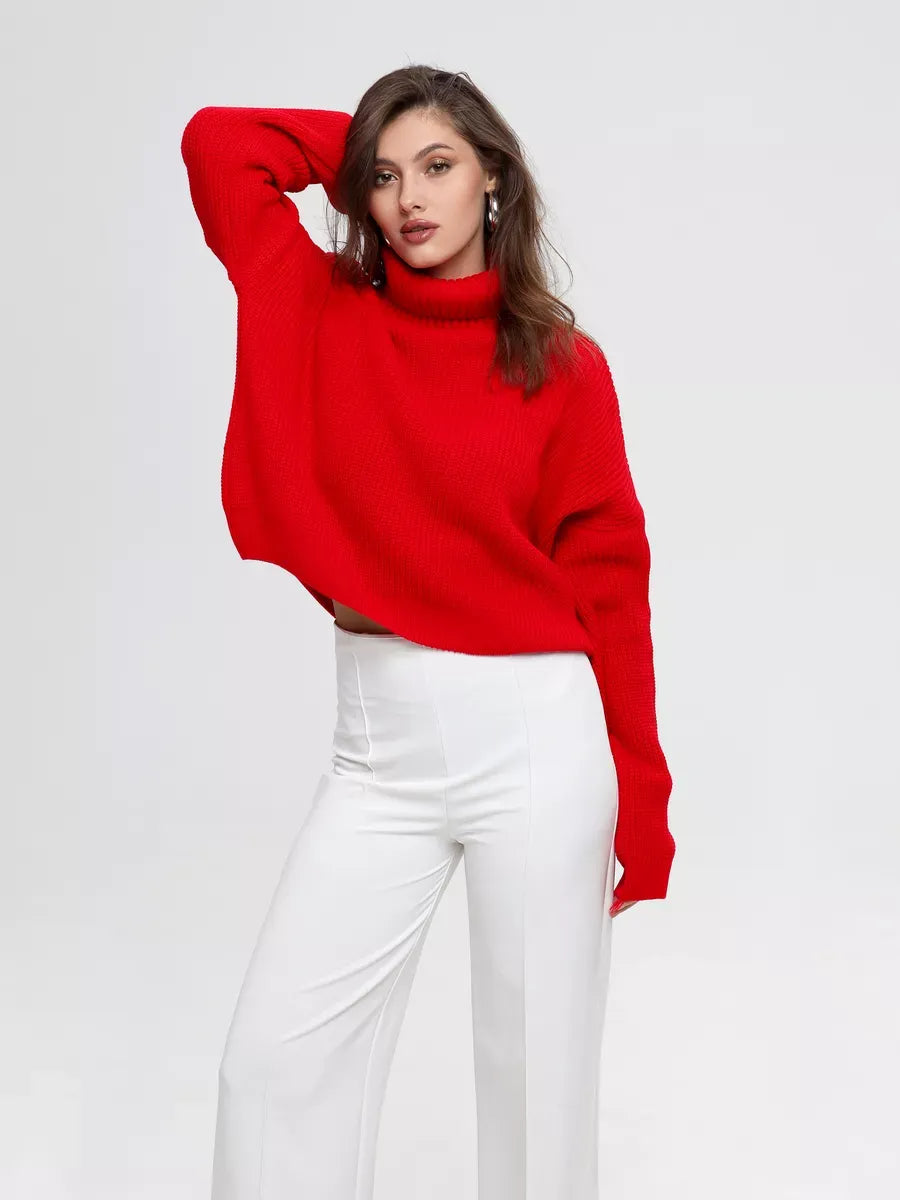 Ember Pullover by Lauven in vibrant red, oversized knit sweater with high neck, perfect for stylish comfort.
