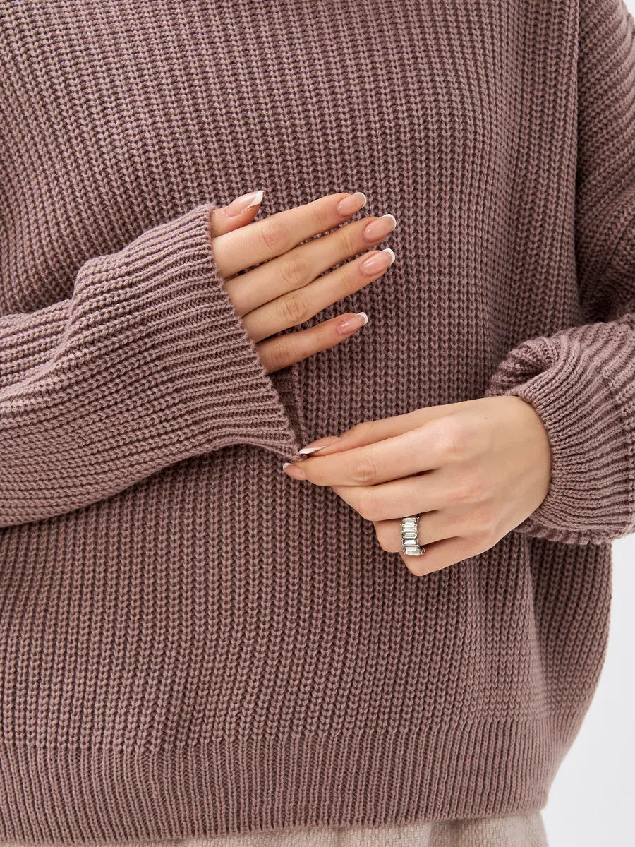 Florence Sweater by Lauven, oversized knit with turtleneck in warm coffee tone, showcasing relaxed fit and cozy style.