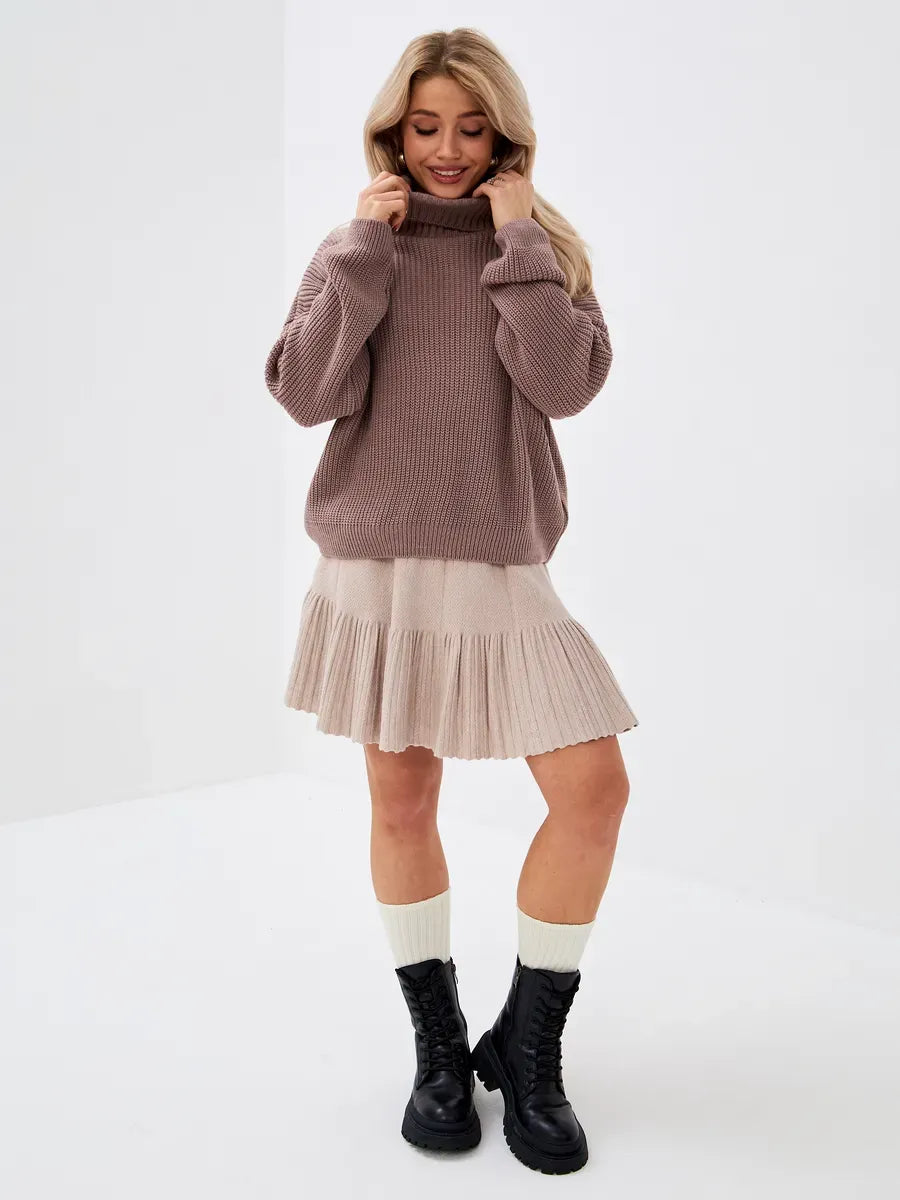Florence Sweater by Lauven, oversized knit turtleneck in warm coffee hue, styled with a feminine skirt.