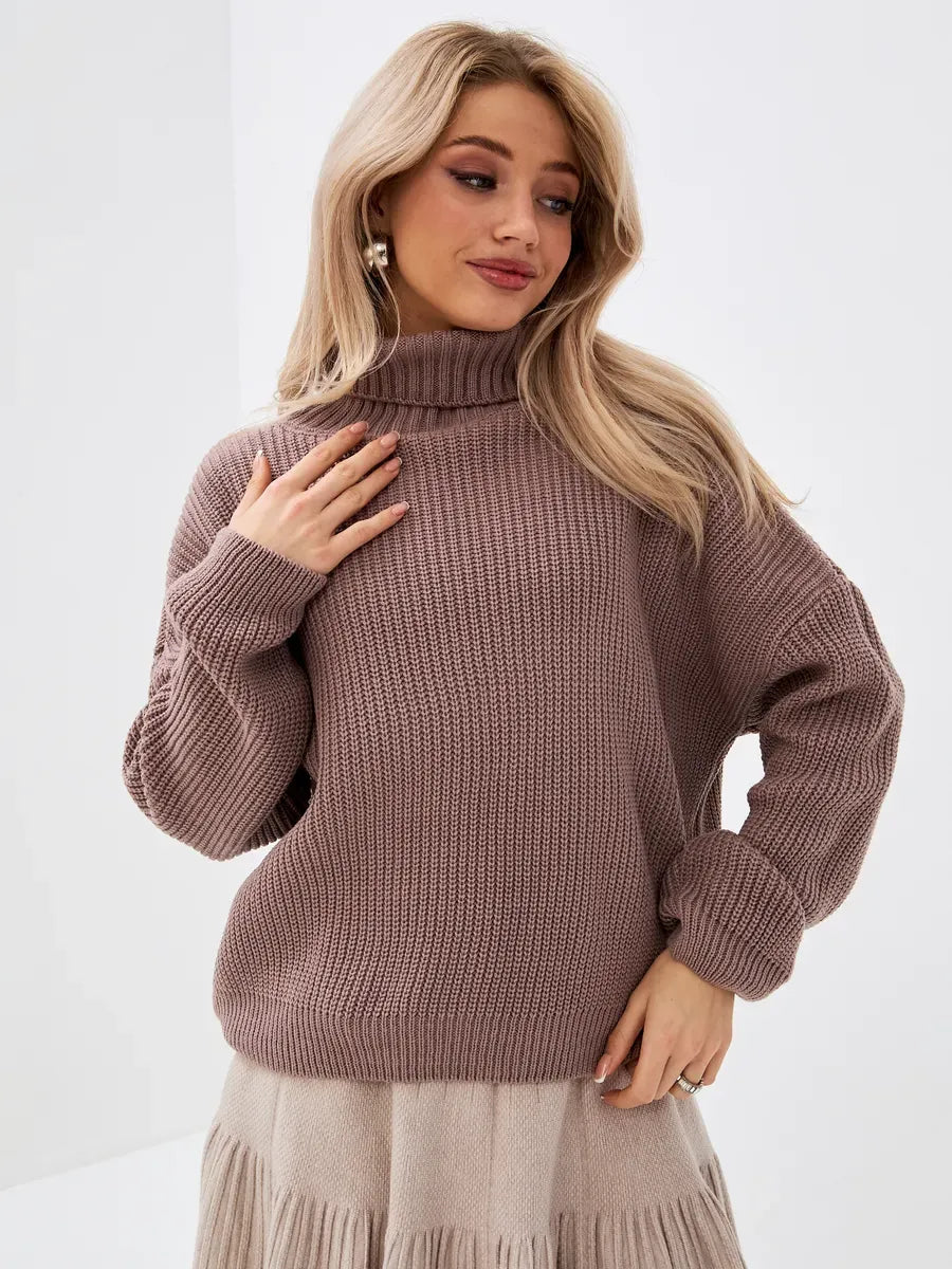 Florence Sweater by Lauven, oversized knit with turtleneck in warm coffee tone, perfect for transitional weather.