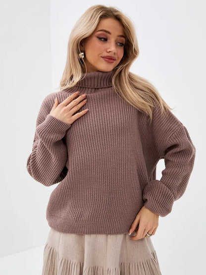 Florence Sweater by Lauven, oversized knit with turtleneck in warm coffee tone, perfect for transitional weather.
