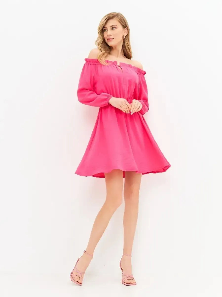 Fuchsia Mini Dress by Lauven, vibrant off-shoulder pink mini dress perfect for elegant celebrations.