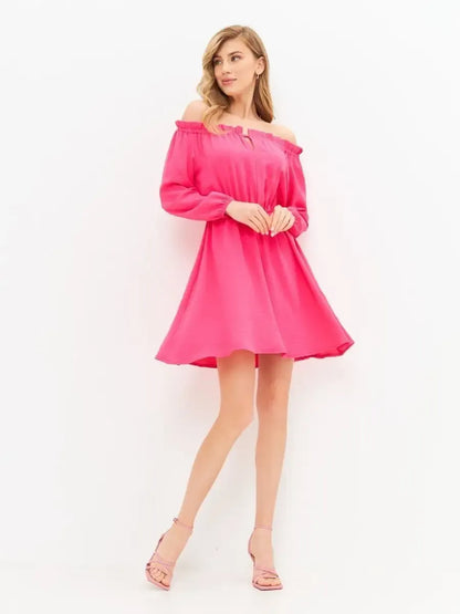 Fuchsia Mini Dress by Lauven, vibrant off-shoulder pink mini dress perfect for elegant celebrations.