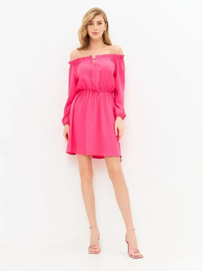 Fuchsia Mini Dress by Lauven, vibrant off-shoulder pink mini dress perfect for elegant celebrations.