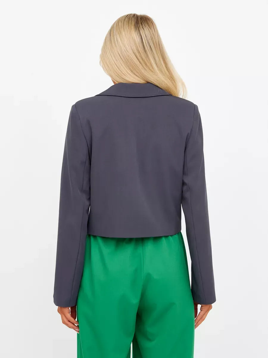 Back view of the Graphite Blazer by Lauven, showcasing a cropped tailored design in dark gray.