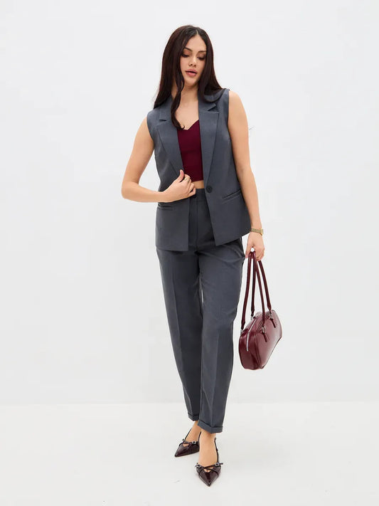 Stylish Graphite Suit Set by Lauven featuring a sleeveless vest and high-waist pants for a modern look.