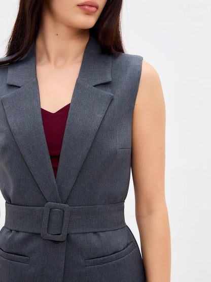 Graphite Suit Set by Lauven featuring a stylish sleeveless graphite vest with a belted waist.