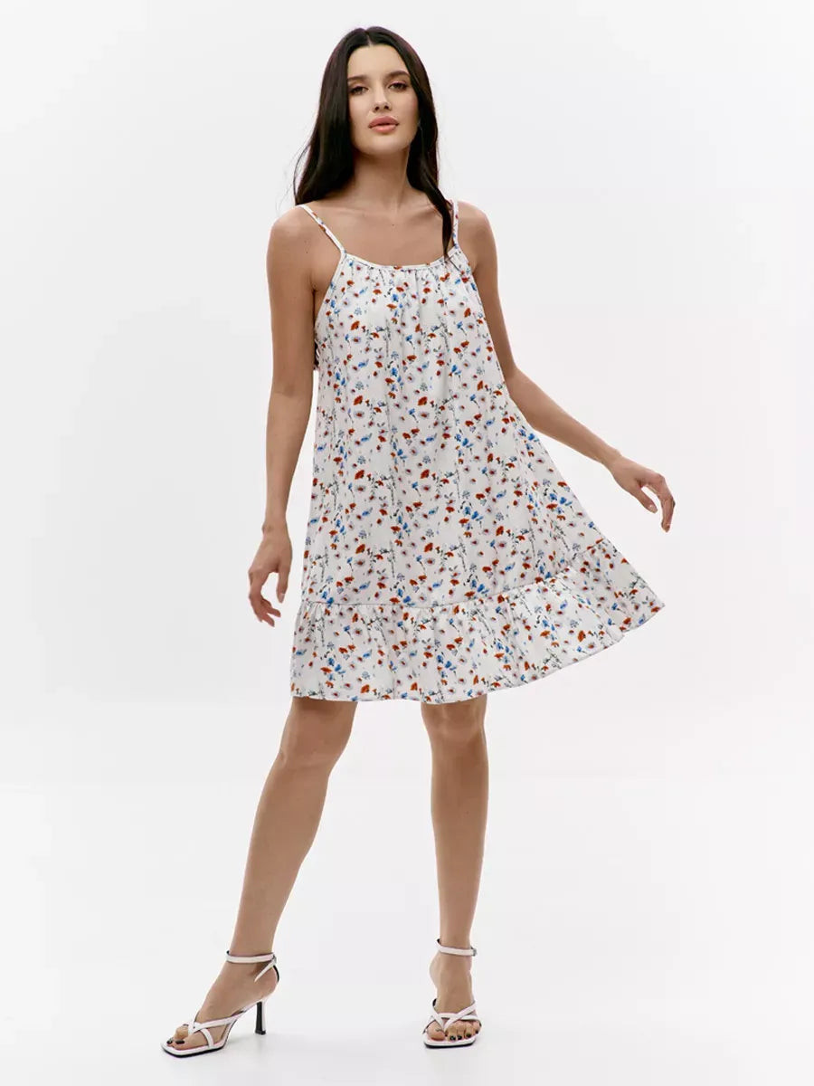Ivory Mini Dress by Lauven featuring floral print and open back design, perfect for summer outings.