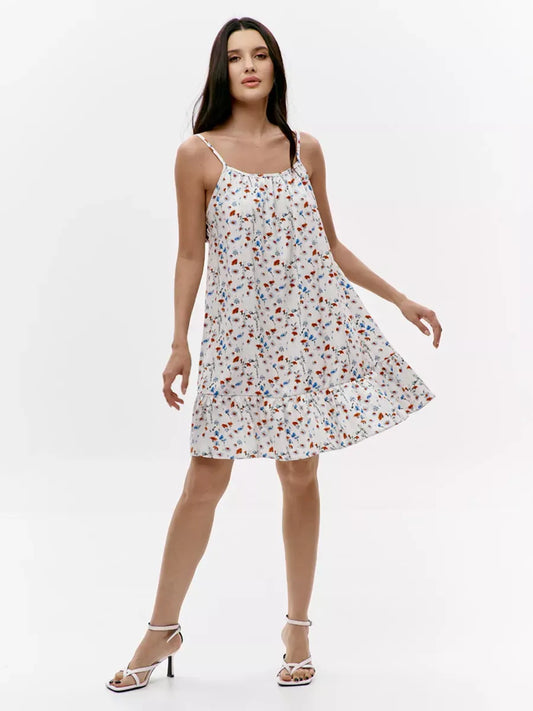 Ivory Mini Dress by Lauven featuring floral print and open back design, perfect for summer outings.