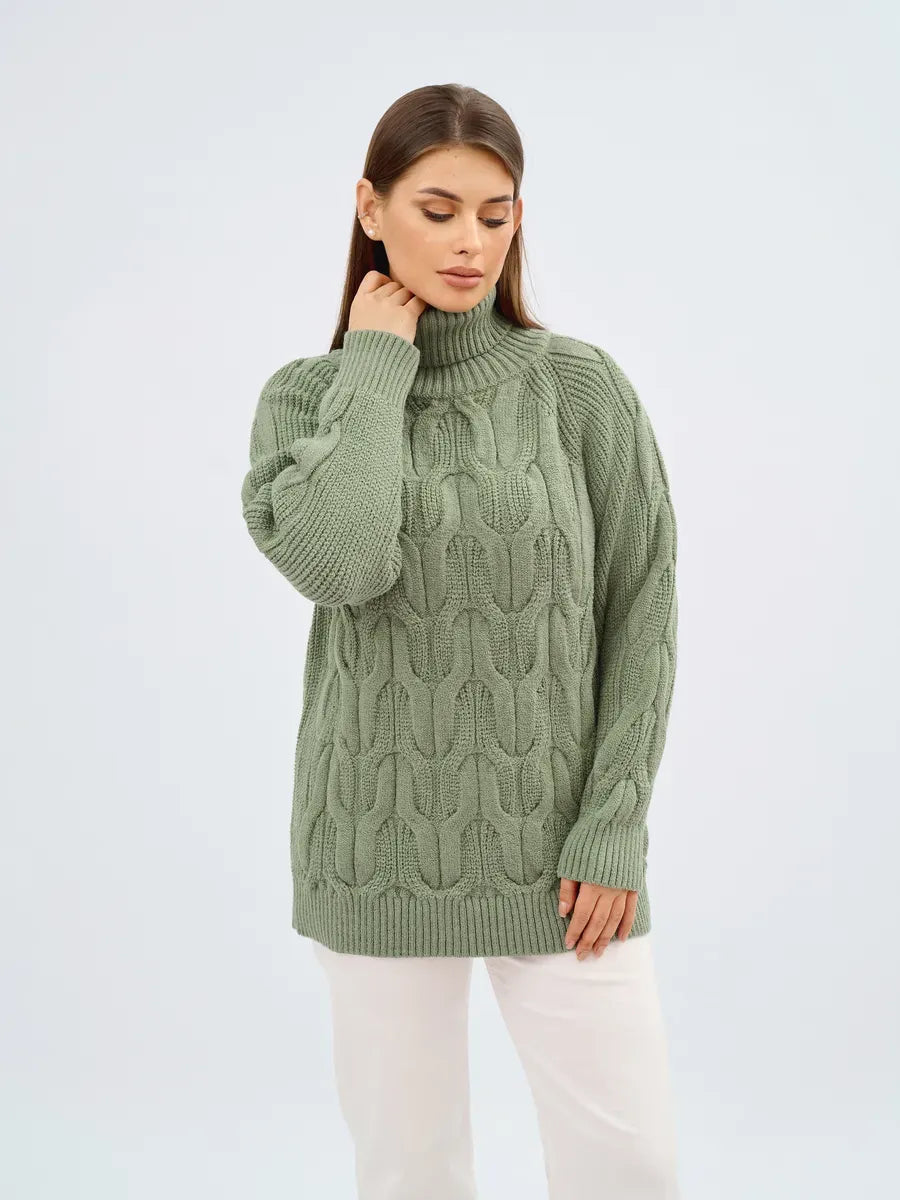 Ivy Sweater by Lauven, oversized cable knit with high neck in soft green, perfect for stylish layering.