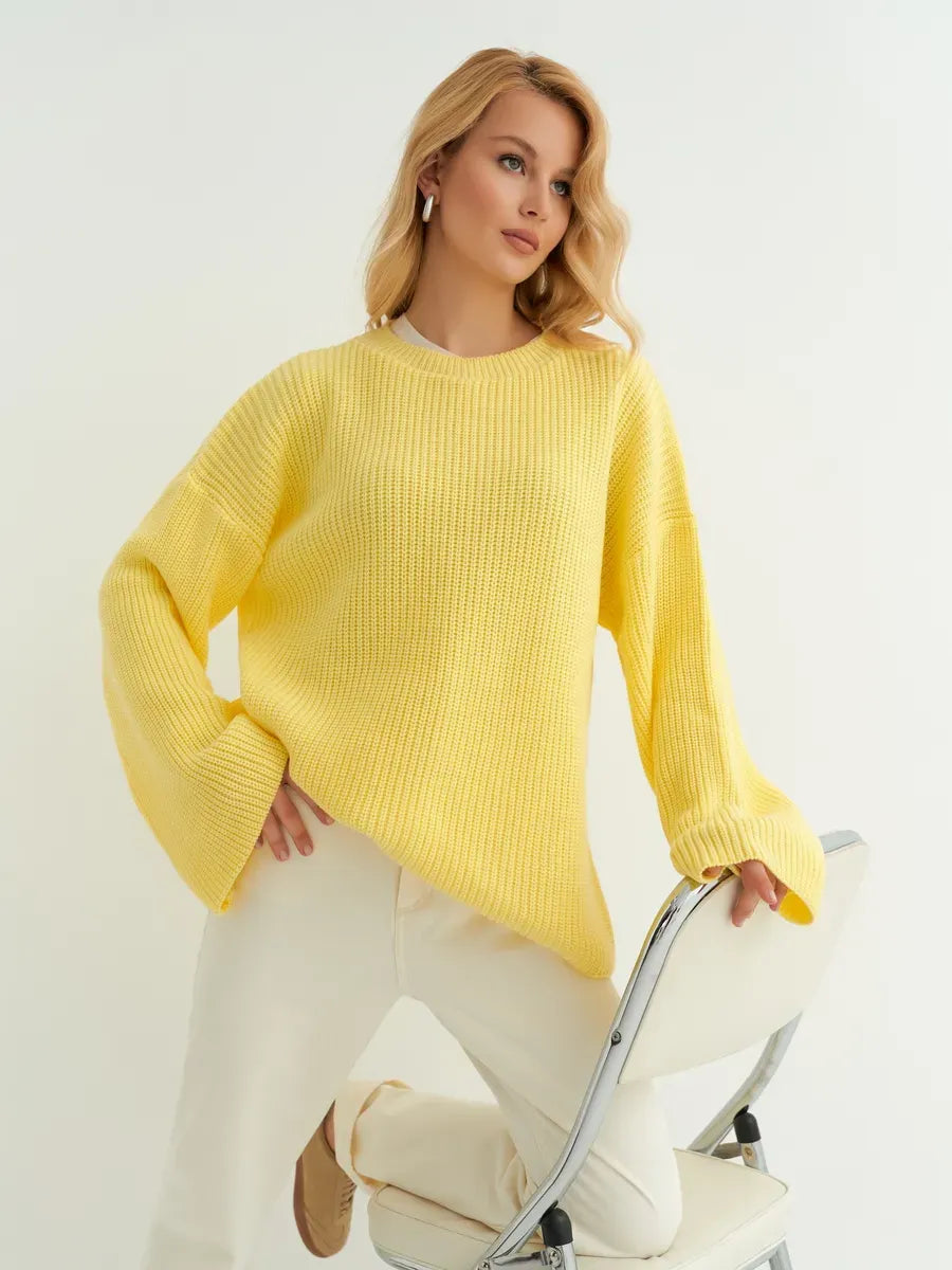 Lemonade Sweater by Lauven, oversized knit in soft lemon yellow, featuring wide sleeves and a relaxed fit.