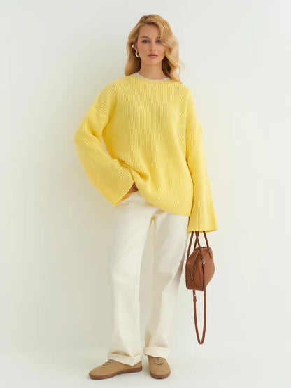 Lemonade Sweater by Lauven in soft lemon yellow, oversized knit with wide sleeves for women's contemporary fashion.