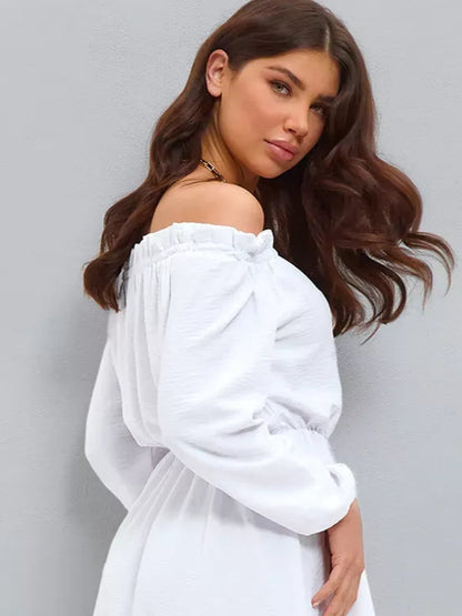 Luna Mini Dress by Lauven, elegant off-shoulder mini dress for summer and fall, featuring lightweight fabric and chic design.