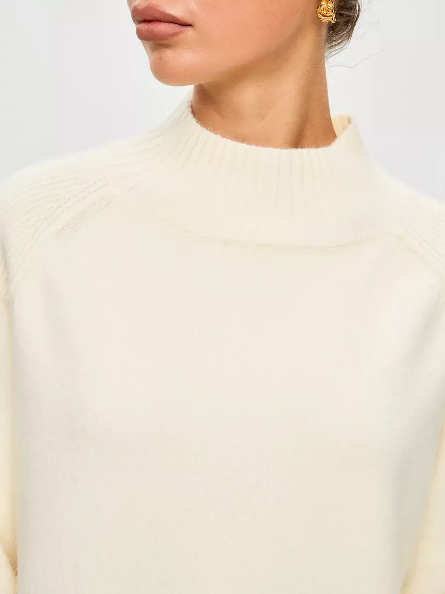 Luna Sweater by Lauven, oversized cashmere blend in ivory with high neck, perfect for fall and winter.