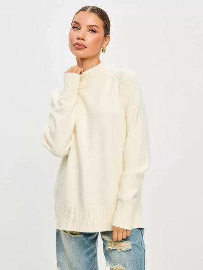 Luna Sweater by Lauven, oversized cashmere blend in ivory with high neck, perfect for fall and winter styling.