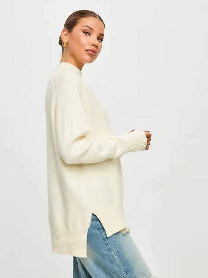 Luna Sweater by Lauven, oversized cashmere blend in ivory with a high neck and relaxed fit.