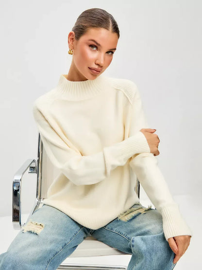 Luna Sweater by Lauven - Oversized cashmere blend sweater in ivory with high neck, ideal for fall and winter styling.