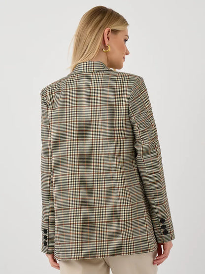 Maple Blazer by Lauven featuring an elegant oversized brown checked design with a structured fit.