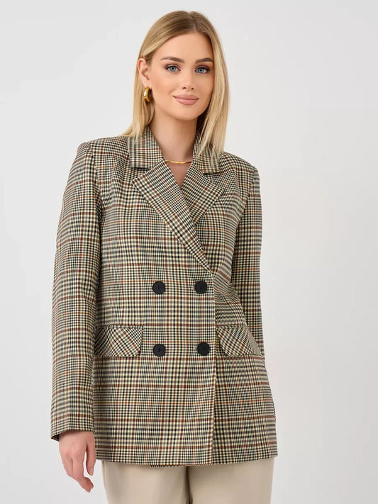 Maple Blazer by Lauven, elegant oversized brown checked women's blazer, featuring a structured fit and V-neckline.