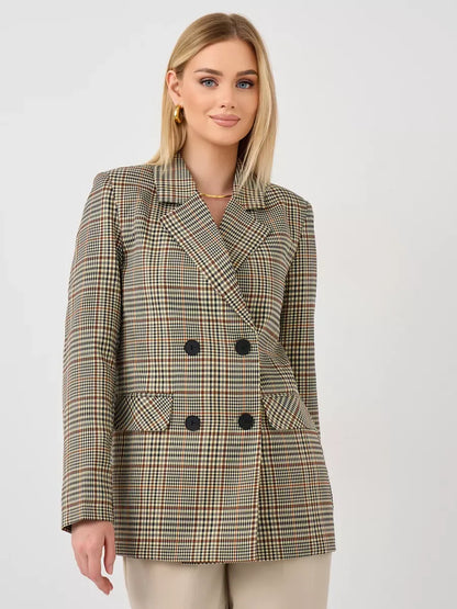 Maple Blazer by Lauven, elegant oversized brown checked women's blazer, featuring a structured fit and V-neckline.