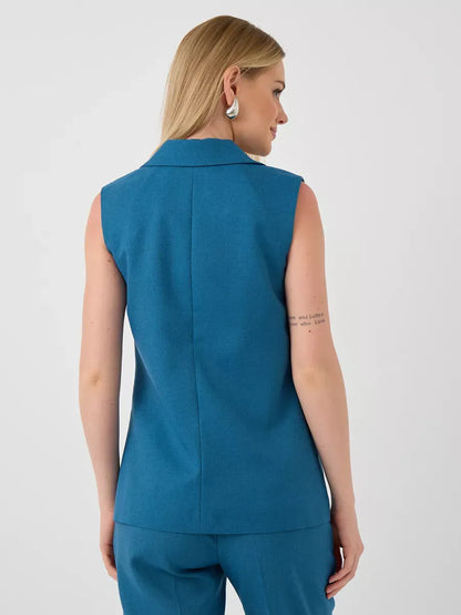 Lauven Marine Suit Set sleeveless teal vest showcasing a sleek and modern design from the back.