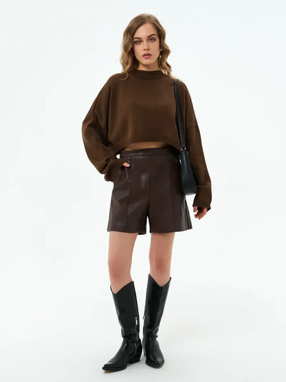 Mocha Sweater by Lauven—Cropped oversized knit in rich brown worn with shorts and boots.