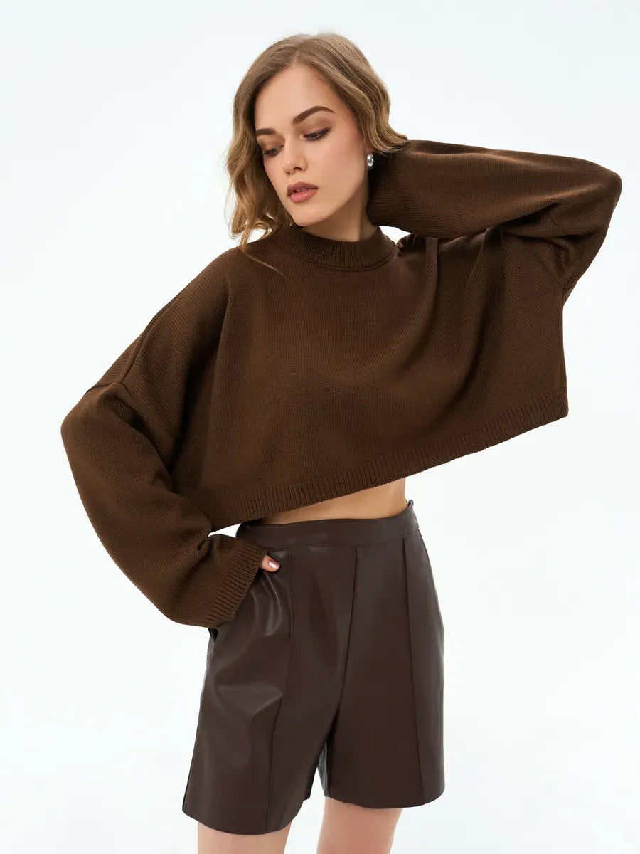 Mocha Sweater by Lauven, chic cropped oversized knit in rich brown, perfect for contemporary women's fashion.