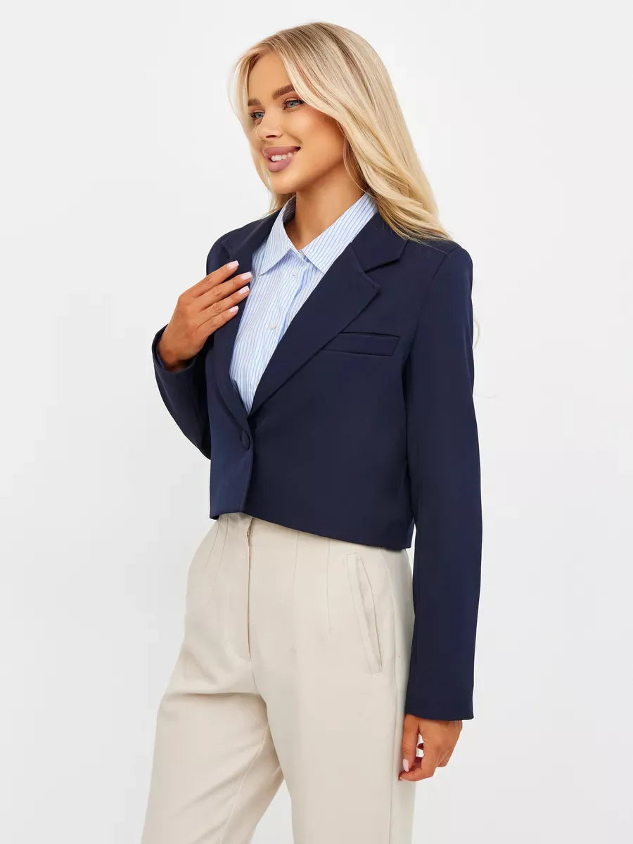 Navy Blazer by Lauven, showcasing a cropped tailored fit with elegant styling, suitable for versatile occasions.