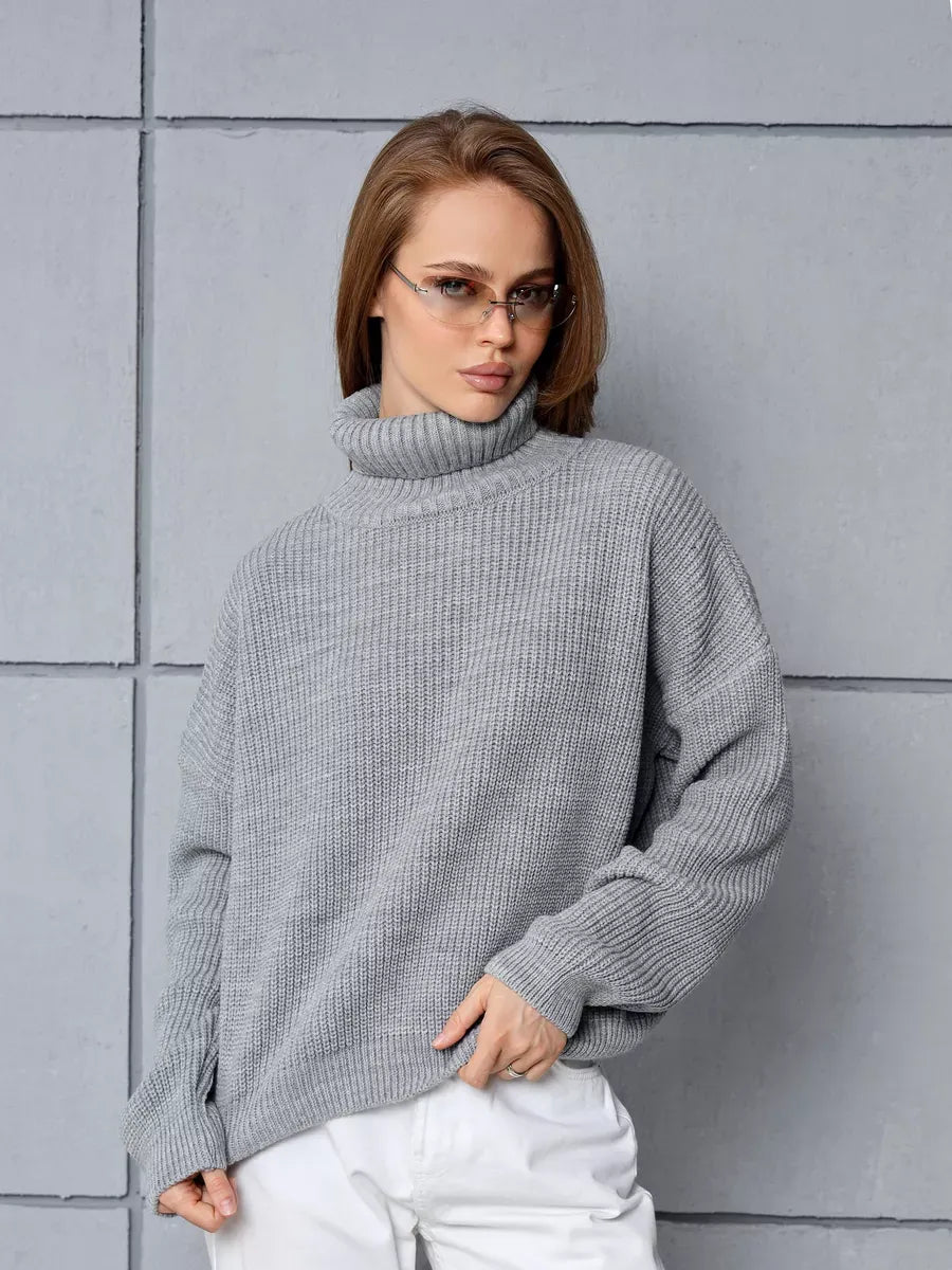 Nimbus Pullover by Lauven - Oversized light gray knit sweater with high neck for women.