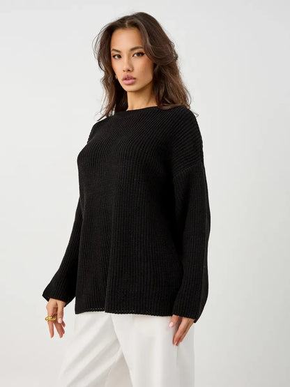 Nola Sweater by Lauven, oversized black knit pullover with crew neck and ribbed texture for women.