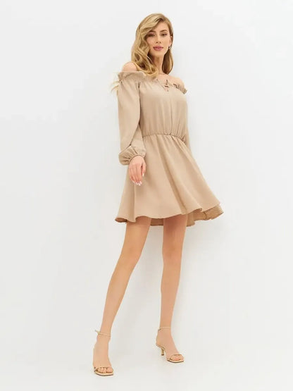 Nude Mini Dress by Lauven - Elegant off-shoulder beige dress with elastic waistband and long sleeves.