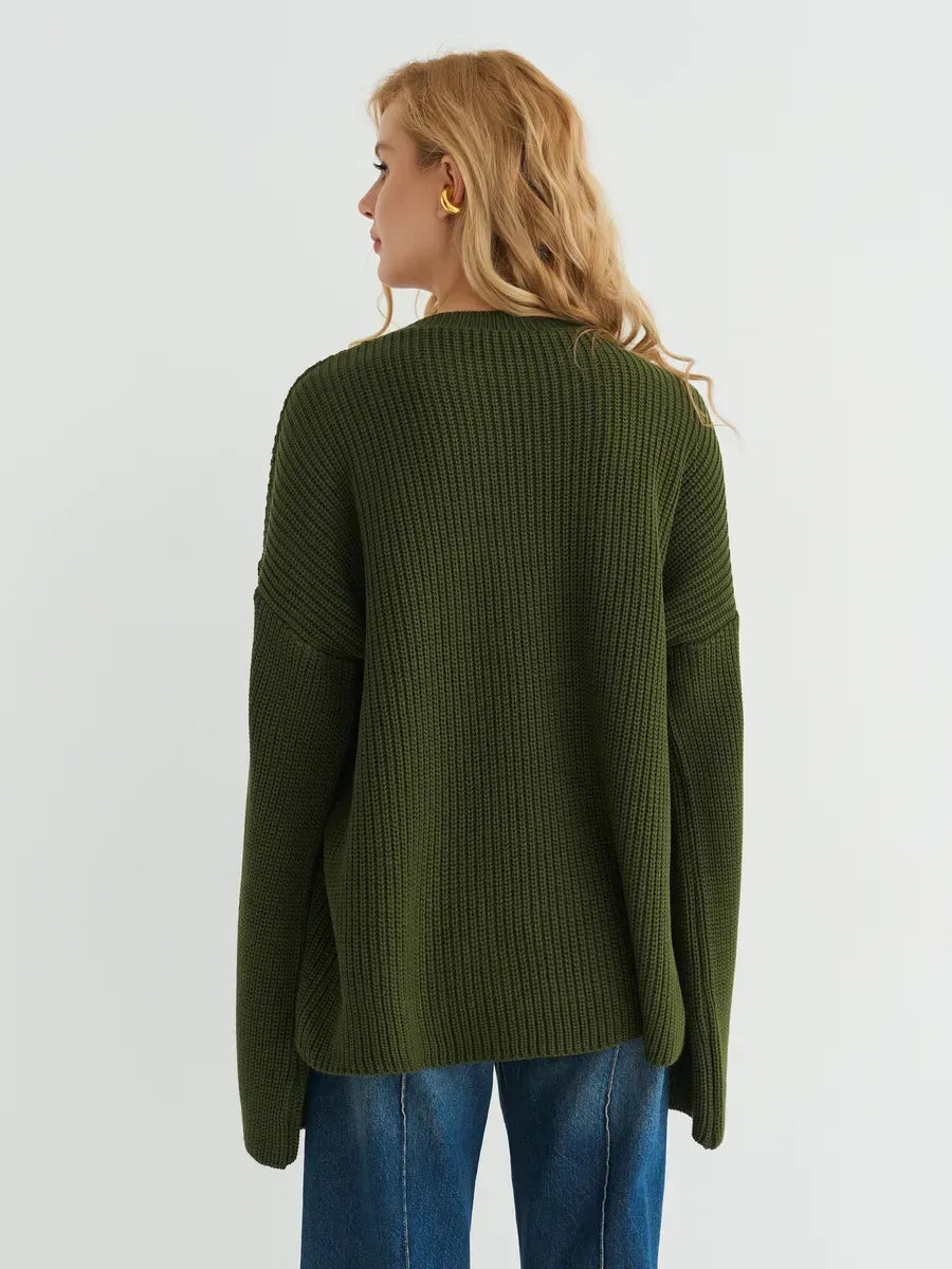 Olive Sweater by Lauven, oversized knit in deep khaki with ribbed texture and wide sleeves.