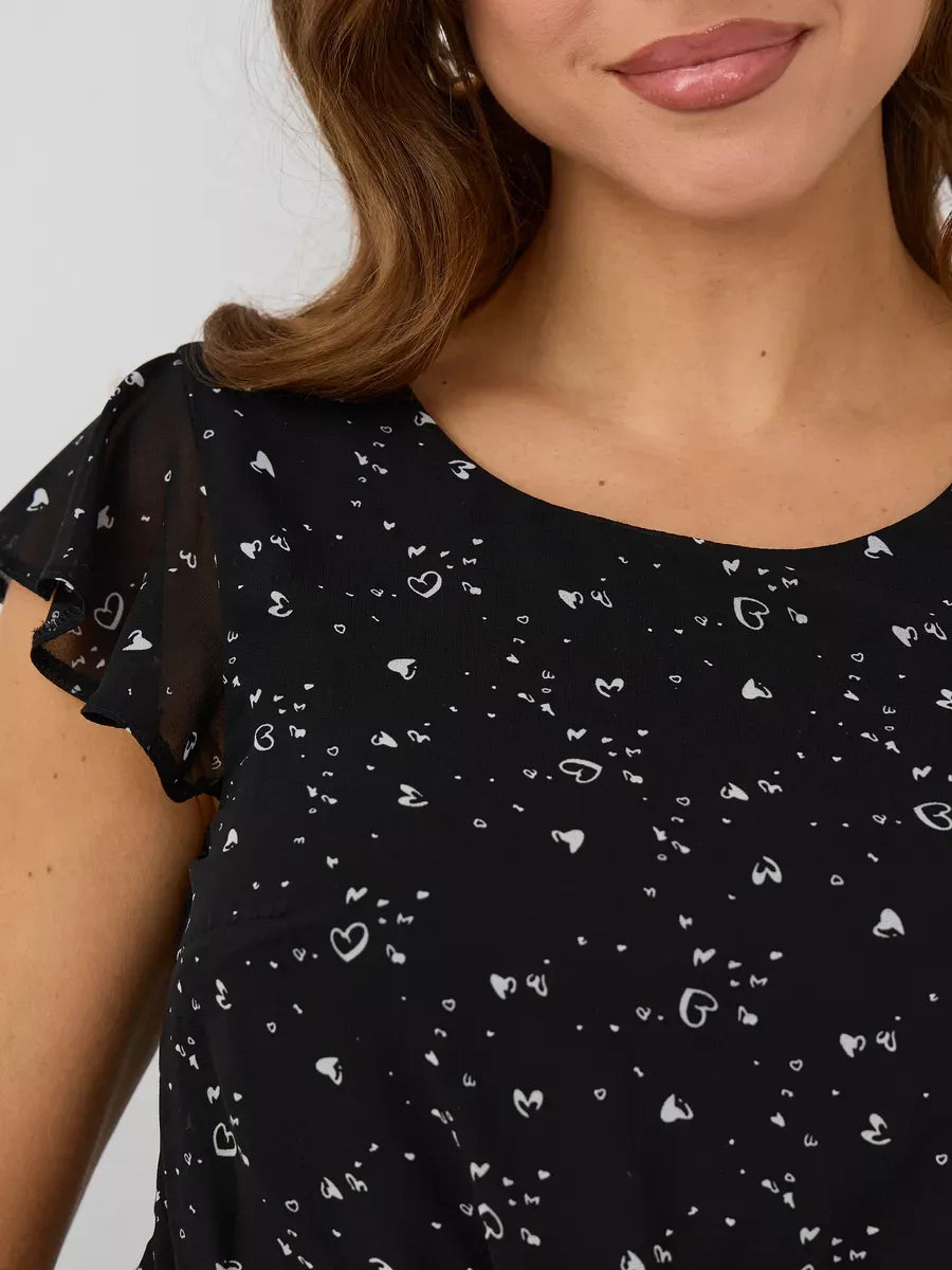 Onyx Mini Dress by Lauven featuring elegant black ruffle sleeves and heart print design for special occasions.